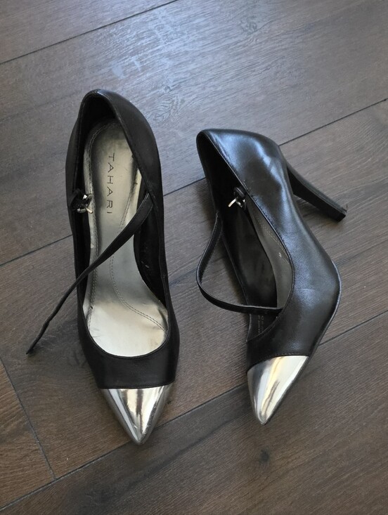 Tahari Shoes - Tahari Black Leather Pointed‎ Pumps with Silver Cap Toe and Ankle Strap